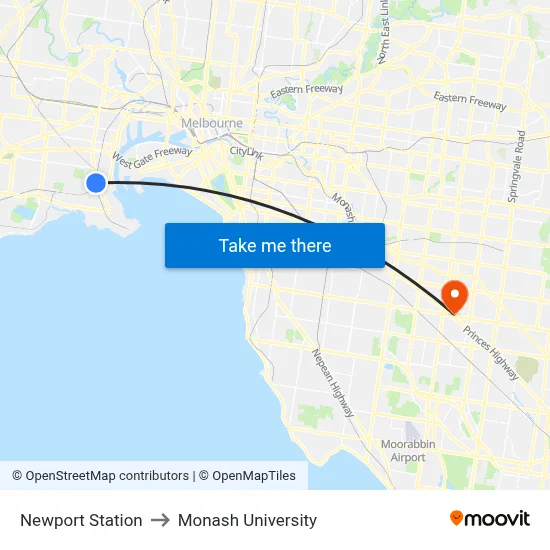 Newport Station to Monash University map