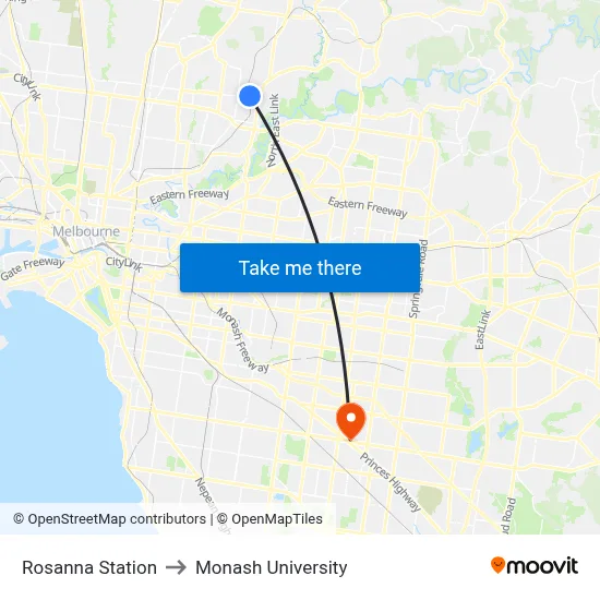 Rosanna Station to Monash University map