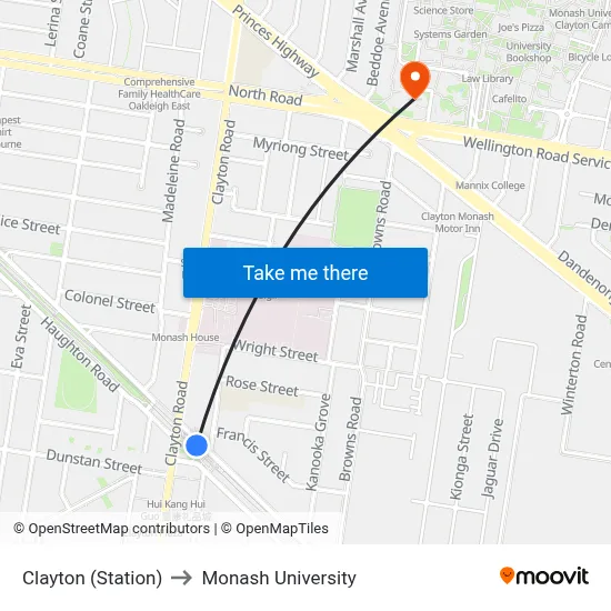 Clayton (Station) to Monash University map