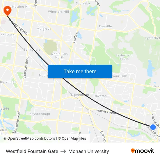 Westfield Fountain Gate to Monash University map