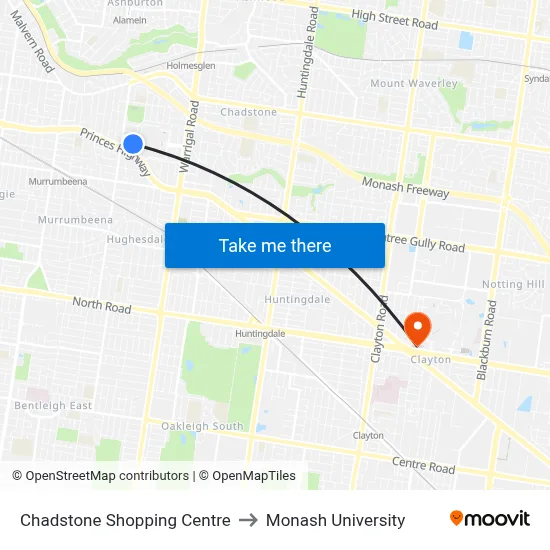 Chadstone Shopping Centre to Monash University map
