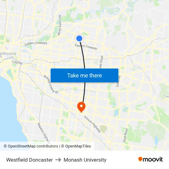Westfield Doncaster to Monash University map