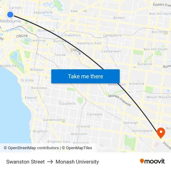 Swanston Street to Monash University map