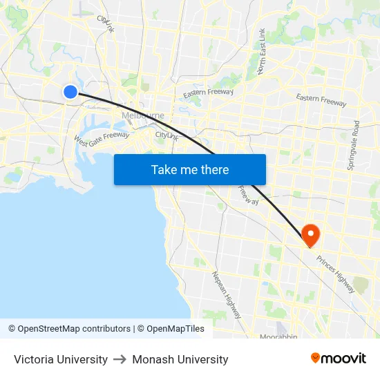 Victoria University to Monash University map