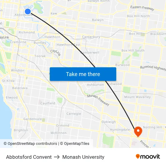Abbotsford Convent to Monash University map