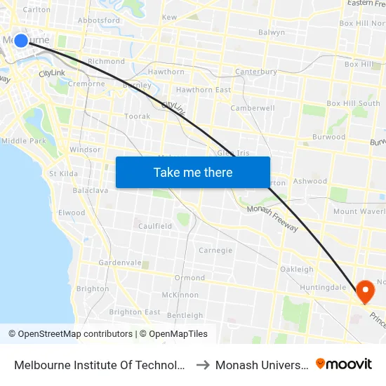 Melbourne Institute Of Technology to Monash University map