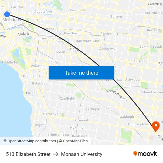 513 Elizabeth Street to Monash University map