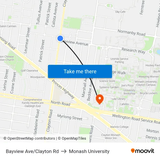 Bayview Ave/Clayton Rd to Monash University map