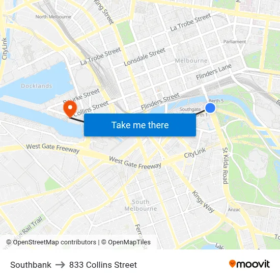 Southbank to 833 Collins Street map