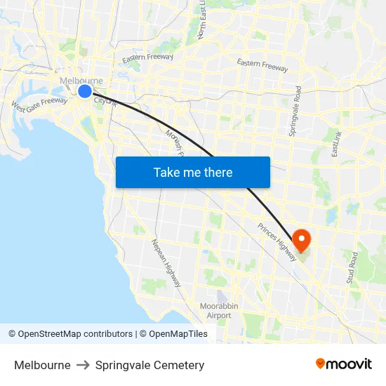 Melbourne to Springvale Cemetery map