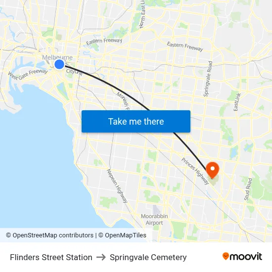 Flinders Street Station to Springvale Cemetery map