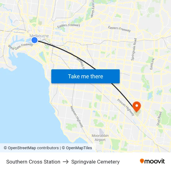 Southern Cross Station to Springvale Cemetery map