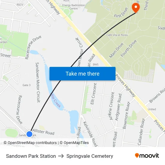 Sandown Park Station to Springvale Cemetery map