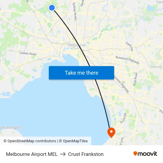 Melbourne Airport MEL to Crust Frankston map