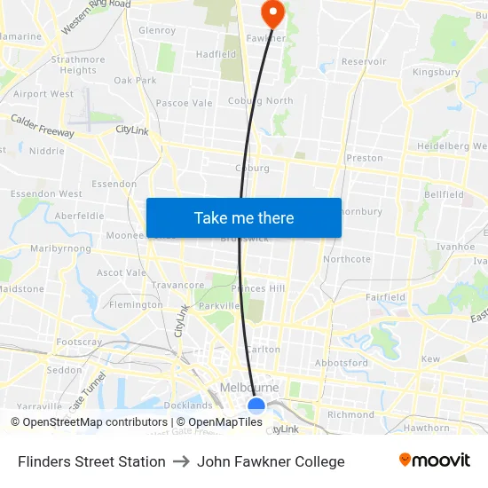 Flinders Street Station to John Fawkner College map