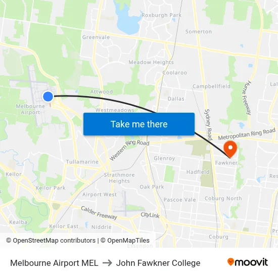 Melbourne Airport MEL to John Fawkner College map