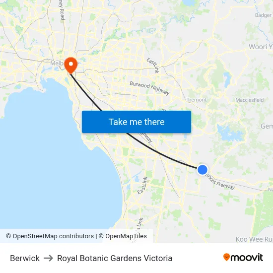 Berwick to Royal Botanic Gardens Victoria map