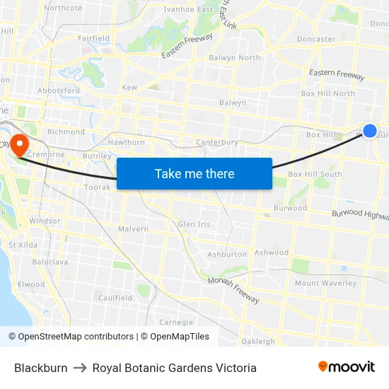 Blackburn to Royal Botanic Gardens Victoria map