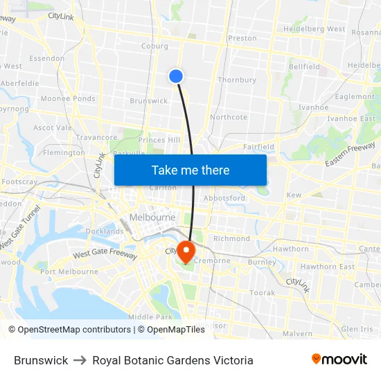 Brunswick to Royal Botanic Gardens Victoria map