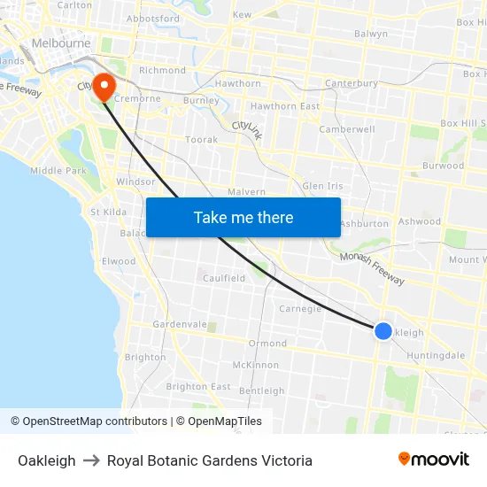 Oakleigh to Royal Botanic Gardens Victoria map