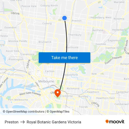 Preston to Royal Botanic Gardens Victoria map