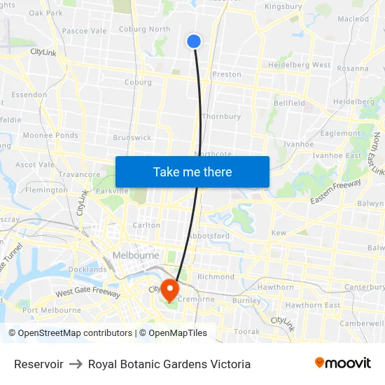 Reservoir to Royal Botanic Gardens Victoria map