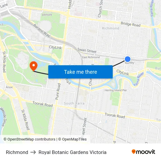 Richmond to Royal Botanic Gardens Victoria map