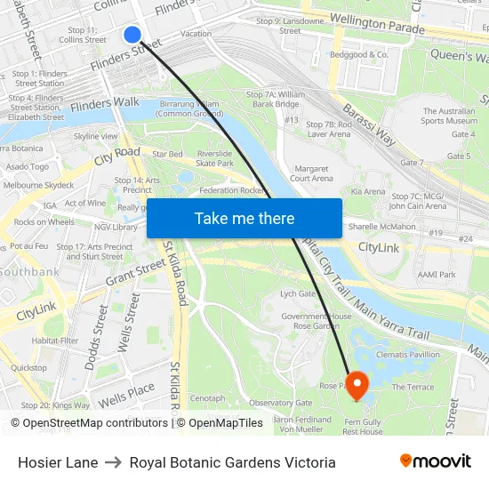 Hosier Lane to Royal Botanic Gardens Victoria map
