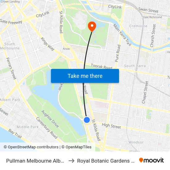 Pullman Melbourne Albert Park to Royal Botanic Gardens Victoria map