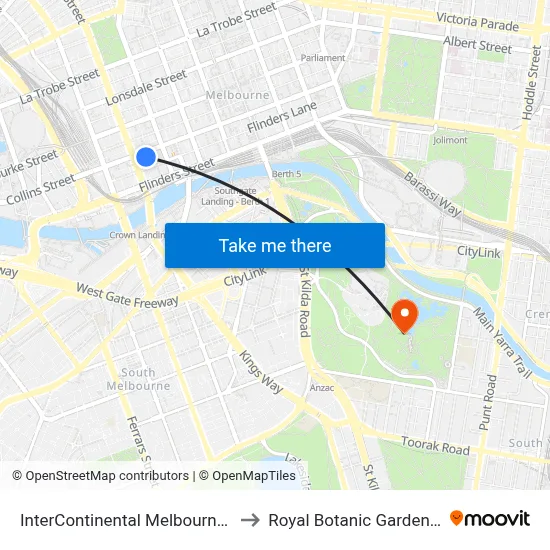 InterContinental Melbourne The Rialto to Royal Botanic Gardens Victoria map