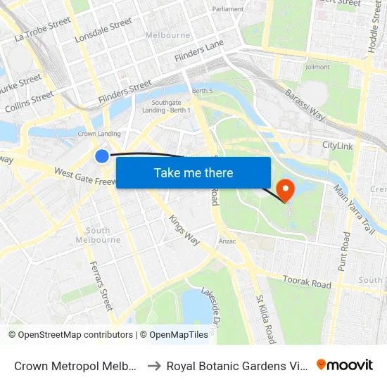 Crown Metropol Melbourne to Royal Botanic Gardens Victoria map