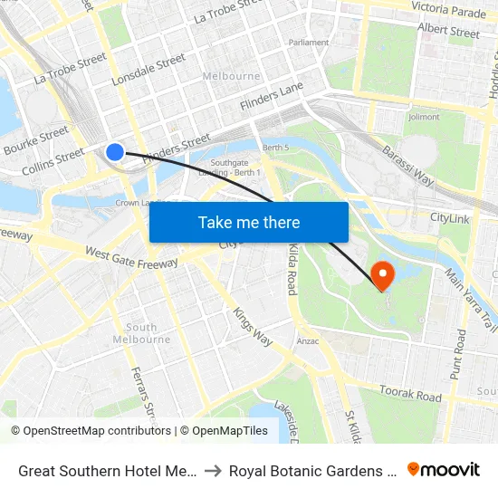 Great Southern Hotel Melbourne to Royal Botanic Gardens Victoria map