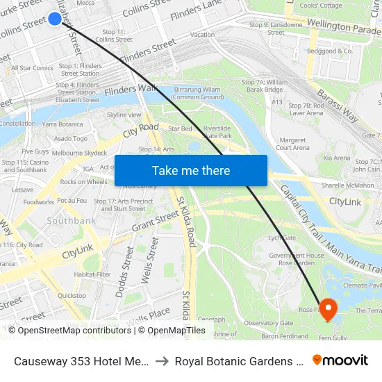 Causeway 353 Hotel Melbourne to Royal Botanic Gardens Victoria map