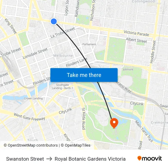 Swanston Street to Royal Botanic Gardens Victoria map