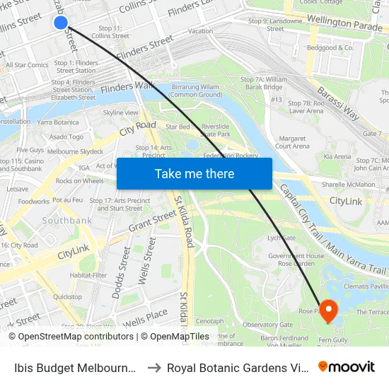 Ibis Budget Melbourne Cbd to Royal Botanic Gardens Victoria map
