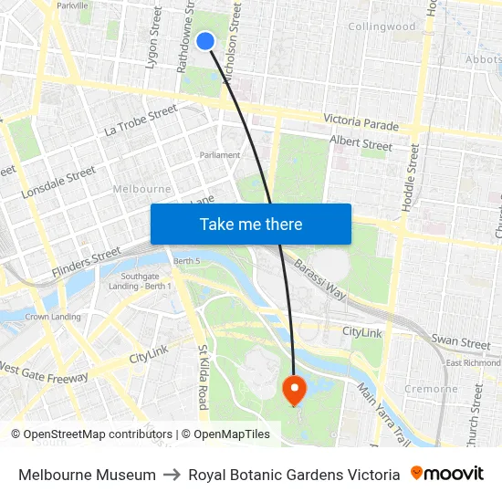 Melbourne Museum to Royal Botanic Gardens Victoria map