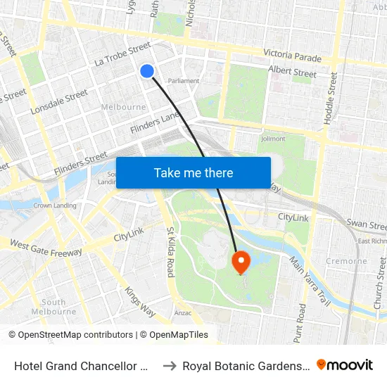 Hotel Grand Chancellor Melbourne to Royal Botanic Gardens Victoria map