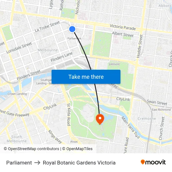 Parliament to Royal Botanic Gardens Victoria map
