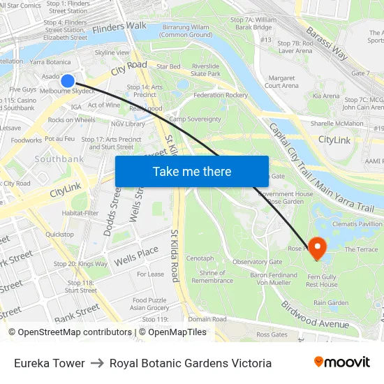 Eureka Tower to Royal Botanic Gardens Victoria map