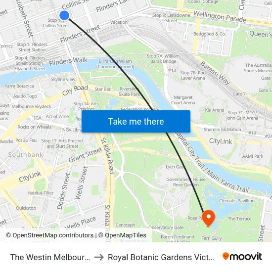 The Westin Melbourne to Royal Botanic Gardens Victoria map