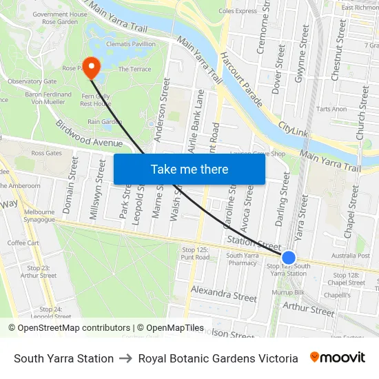 South Yarra Station to Royal Botanic Gardens Victoria map