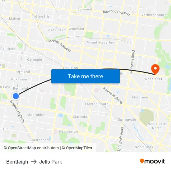 Bentleigh to Jells Park map