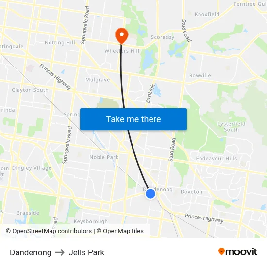 Dandenong to Jells Park map
