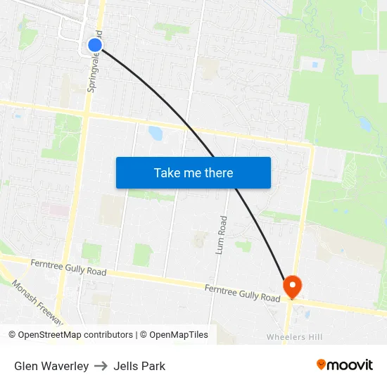 Glen Waverley to Jells Park map