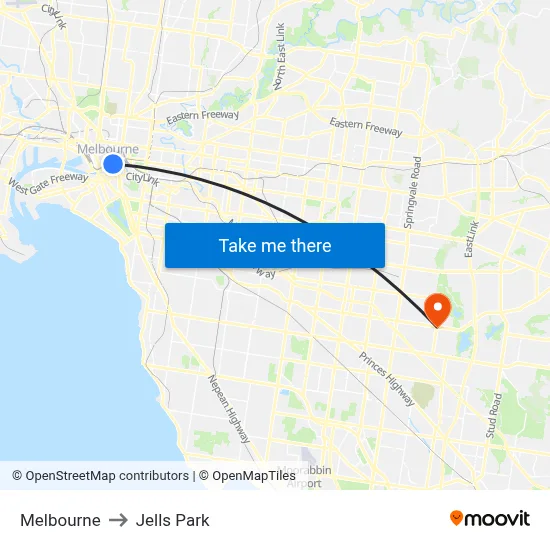 Melbourne to Jells Park map
