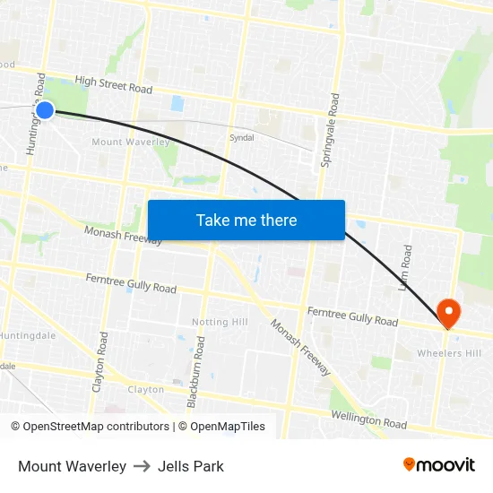 Mount Waverley to Jells Park map