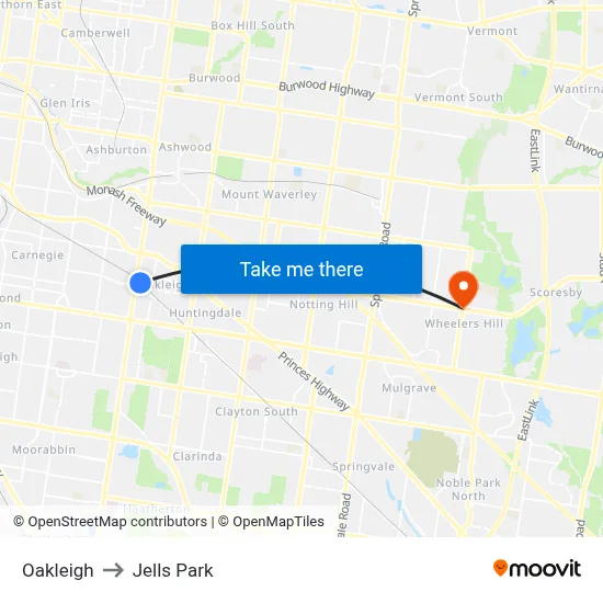 Oakleigh to Jells Park map