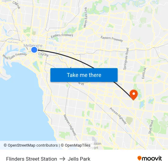 Flinders Street Station to Jells Park map