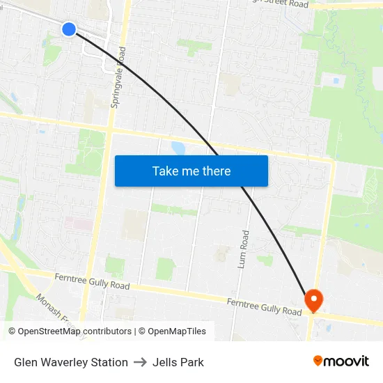 Glen Waverley Station to Jells Park map