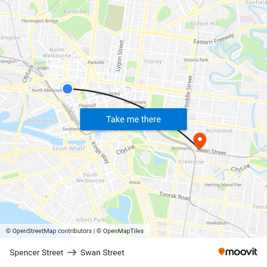 Spencer Street to Swan Street map